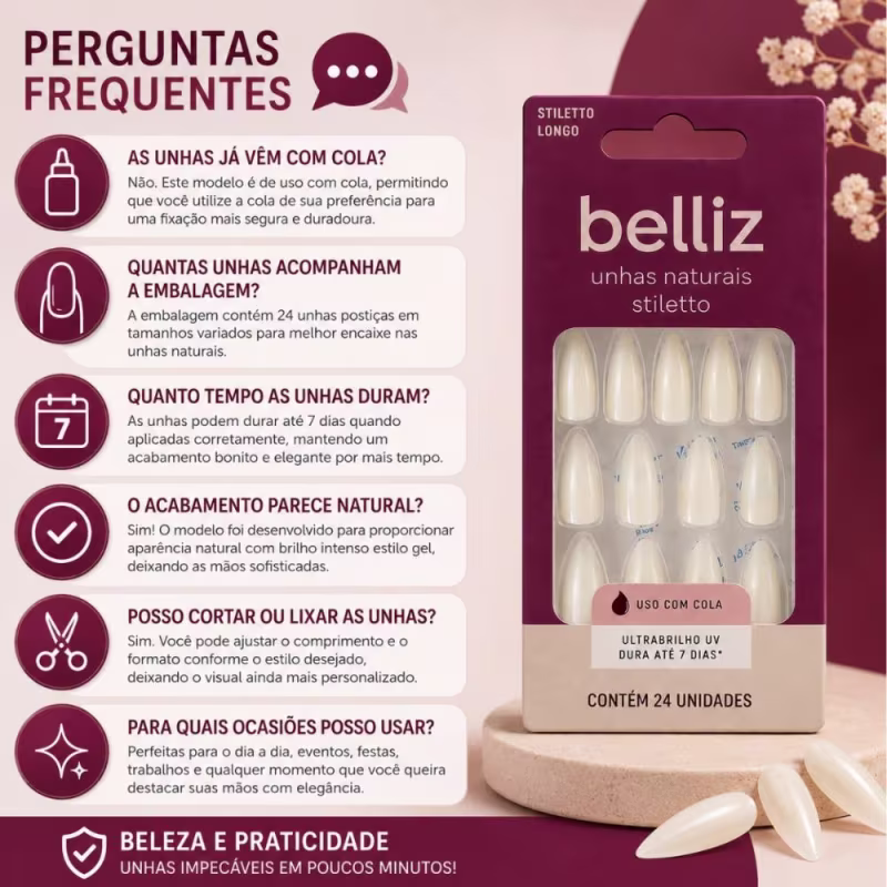Unhas Postiças Naturais Belliz Stiletto Longo Com 24 Unidades Cód.2312