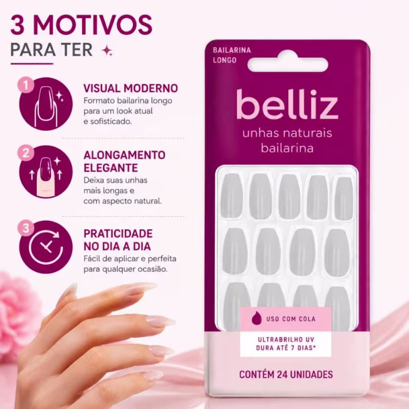 Unhas Postiças Belliz Bailarina Longo Com 24 Unidades Cód.: 2314