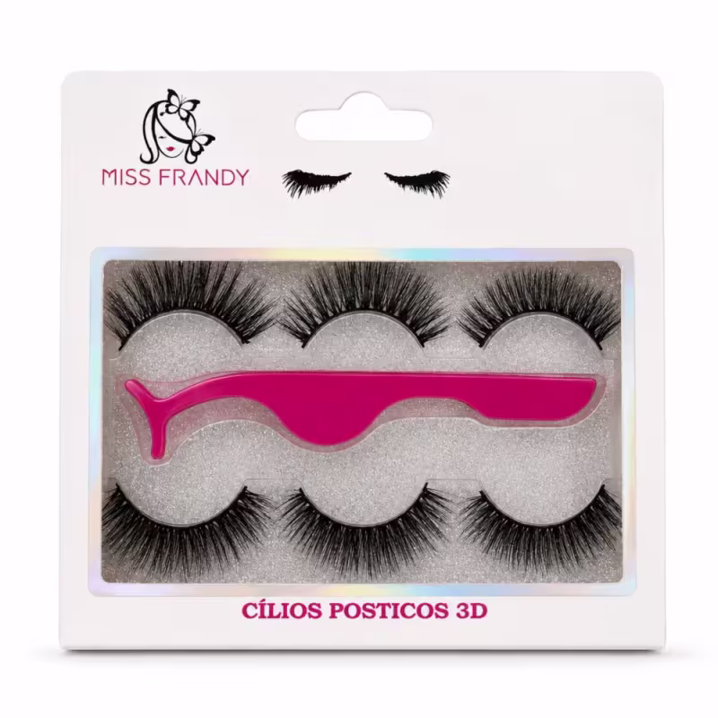 Kit Cílios Postiços 3d Com 3 Pares e Pinça Miss Frandy C21-01008