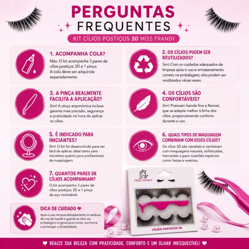 Kit Cílios Postiços 3d Com 3 Pares e Pinça Miss Frandy C21-01008