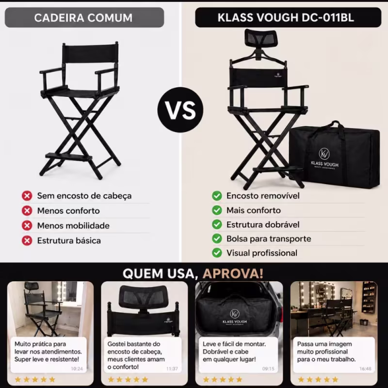 Cadeira De Maquiagem Portátil Klass Vough com Encosto de Cabeça e Bolsa Transporte Preta Dc-011bl