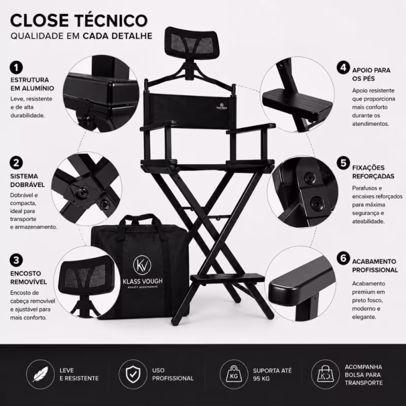Cadeira De Maquiagem Portátil Klass Vough com Encosto de Cabeça e Bolsa Transporte Preta Dc-011bl