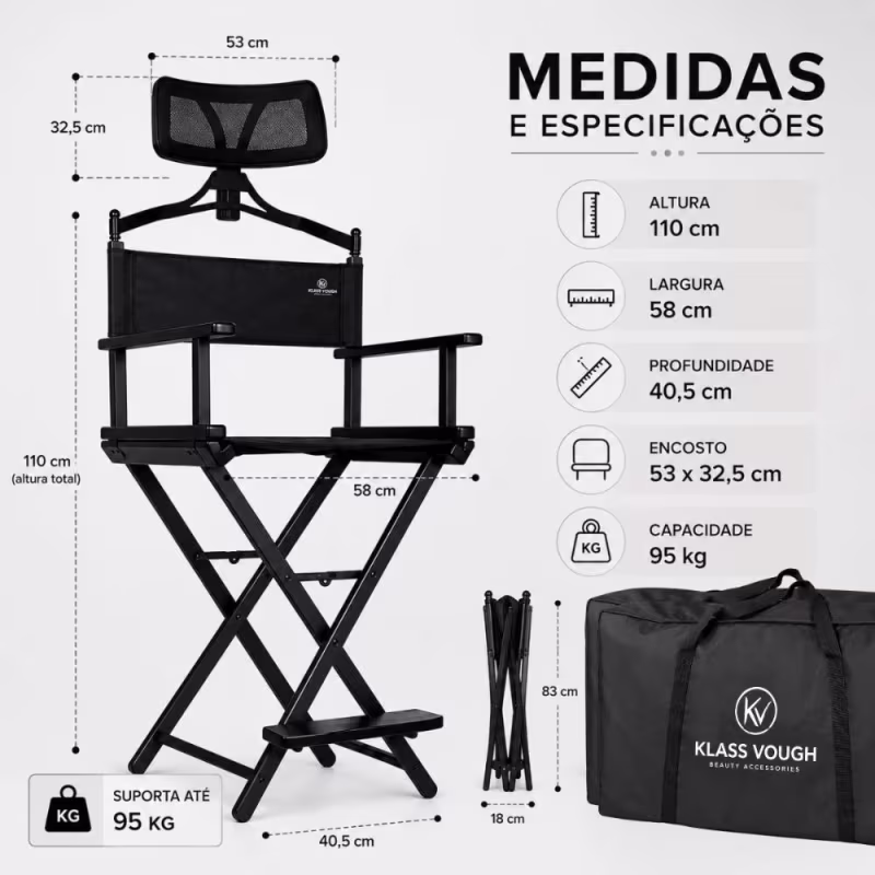 Cadeira De Maquiagem Portátil Klass Vough com Encosto de Cabeça e Bolsa Transporte Preta Dc-011bl