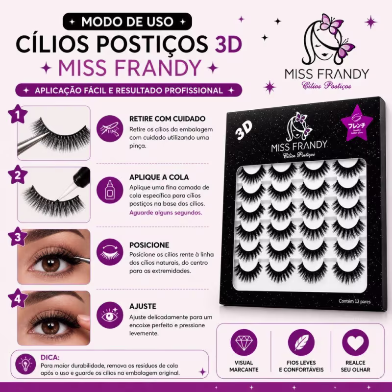 Cílios Postiços 3d Miss Frandy 12 Pares C21-01003 Kit 02