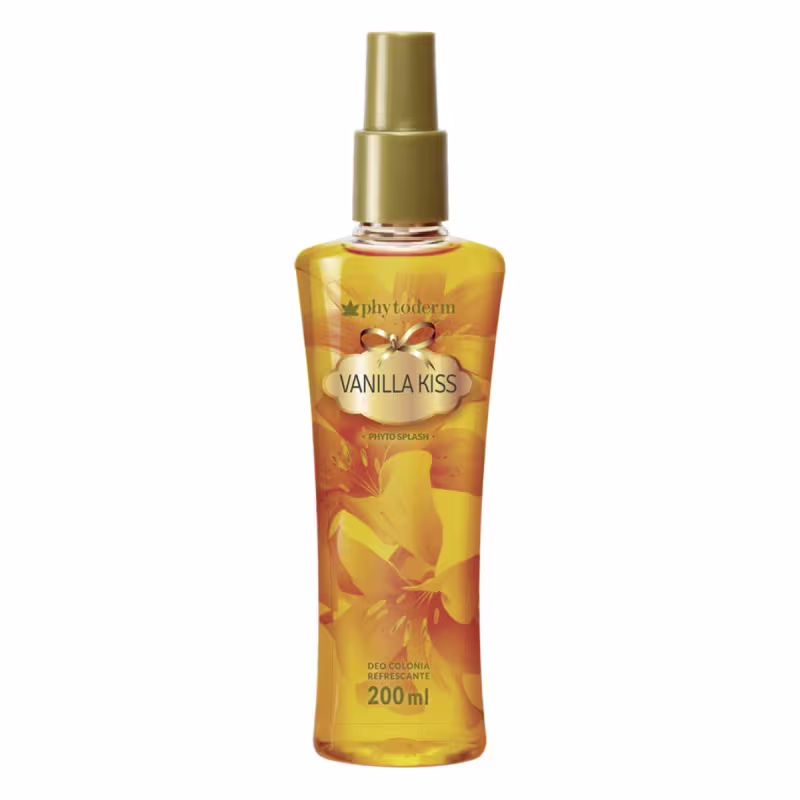 Perfume em frasco de plástico transparente amarelo com detalhes florais impressos. Rótulo branco com o nome "Vanilla Kiss" e a marca "Phytoderm" em letras pretas. Tampa dourada. Embalagem de 200ml. Body splash Deo colônia refrescante.