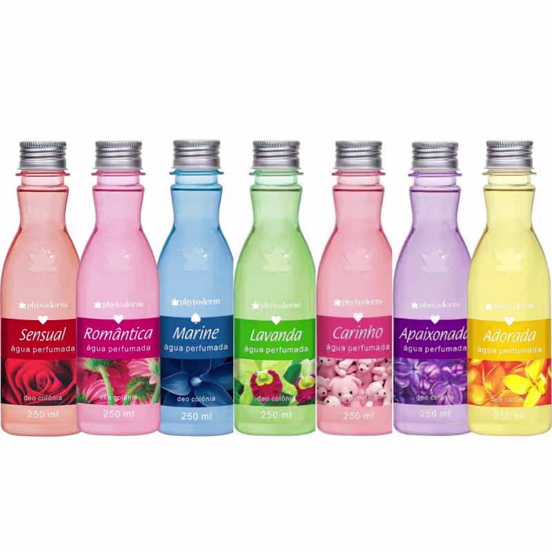Kit Phytoderm Água de Colônia 250ml com 7 fragrâncias diferentes. Conjunto de sete frascos de vidro transparente contendo líquidos coloridos: rosa claro, rosa escuro, azul claro, verde claro, rosa médio, roxo claro e amarelo claro.