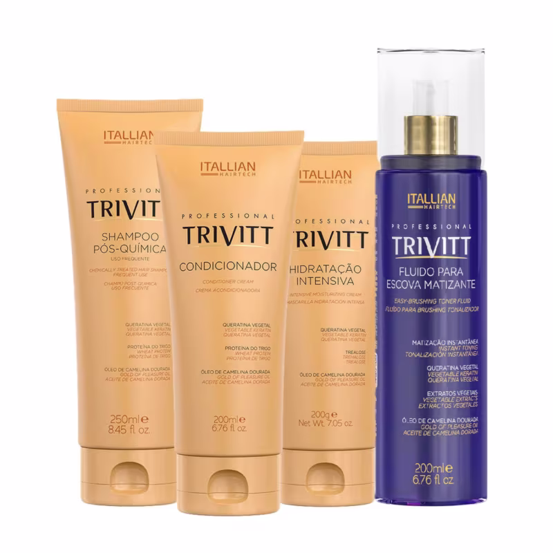Produtos da linha Trivitt da Itallian Hairtech, incluindo shampoo, condicionador e fluido para escova matizante, em embalagens de plástico e vidro com cores predominantes amarela e roxa.