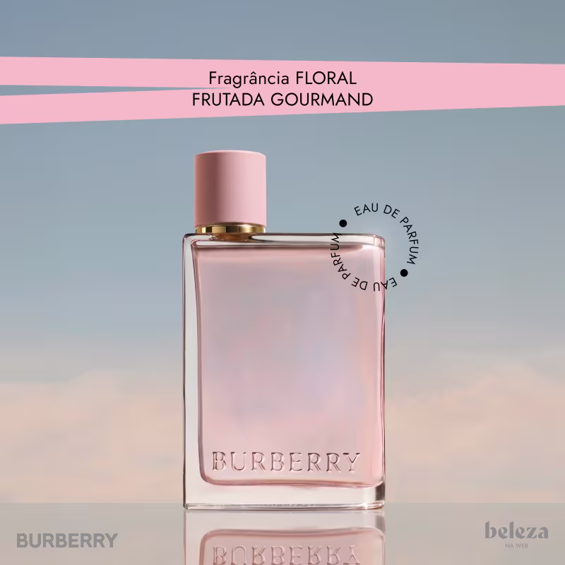 Frasco de item de perfumaria da marca Burberry com fragrância floral frutada gourmand, embalagem rosa com detalhes dourados.