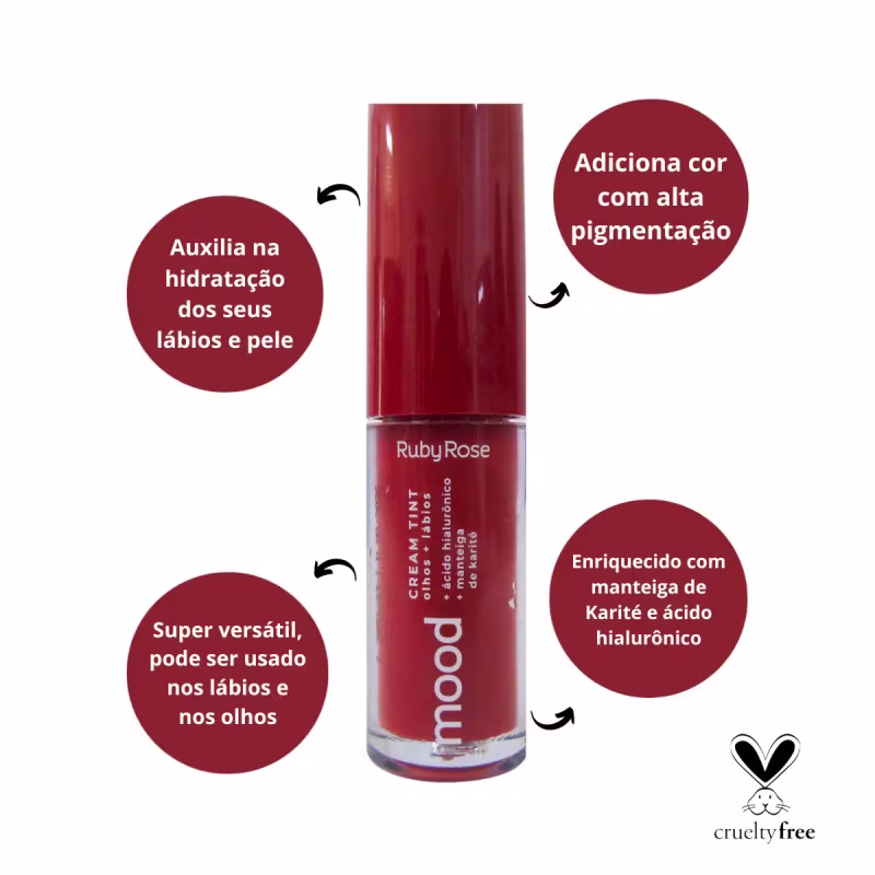 O produto apresentado é um cream tint Ruby Rose. De acordo com as informações na imagem, auxilia na hidratação dos lábios e pele, possui alta pigmentação, é enriquecido com manteiga de karité e ácido hialurônico, e pode ser usado nos lábios e olhos