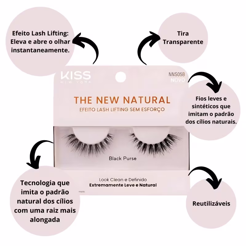 A imagem mostra o estojo dos cílios posicionados no centro e ao lado algumas setas com informações sobre o produto.