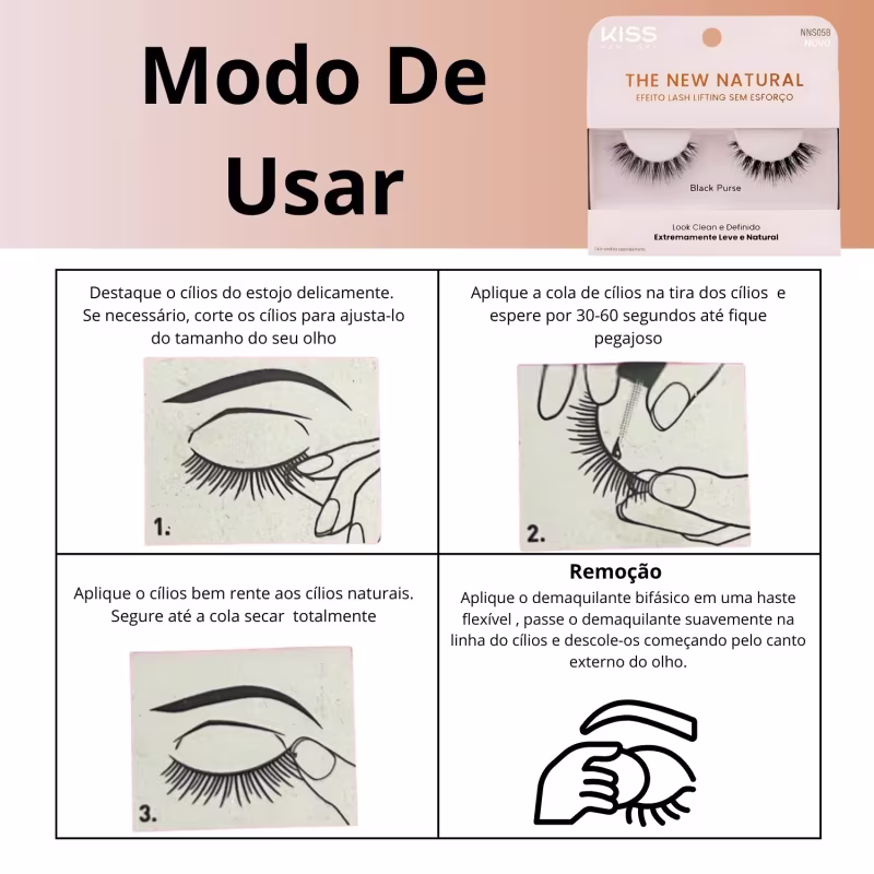 A imagem contém instruções ilustradas em quatro etapas sobre como aplicar corretamente os cílios postiços. As instruções estão em português e incluem desenhos simples de olhos e mãos aplicando os cílios.