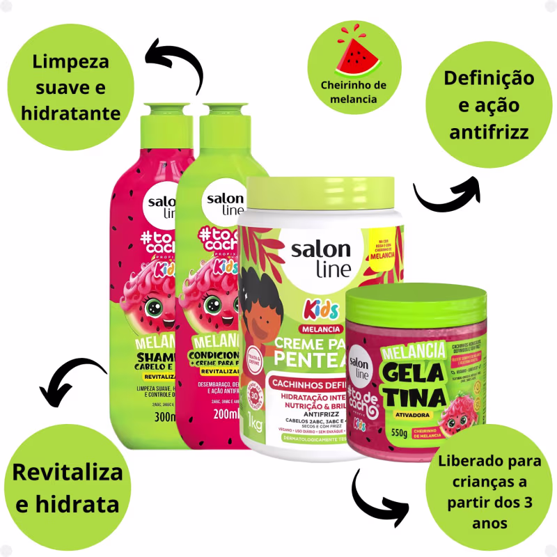 Kit Salon Line Kids: Shampoo e Condicionador + Creme para Pentear 1kg e Gelatina Melancia