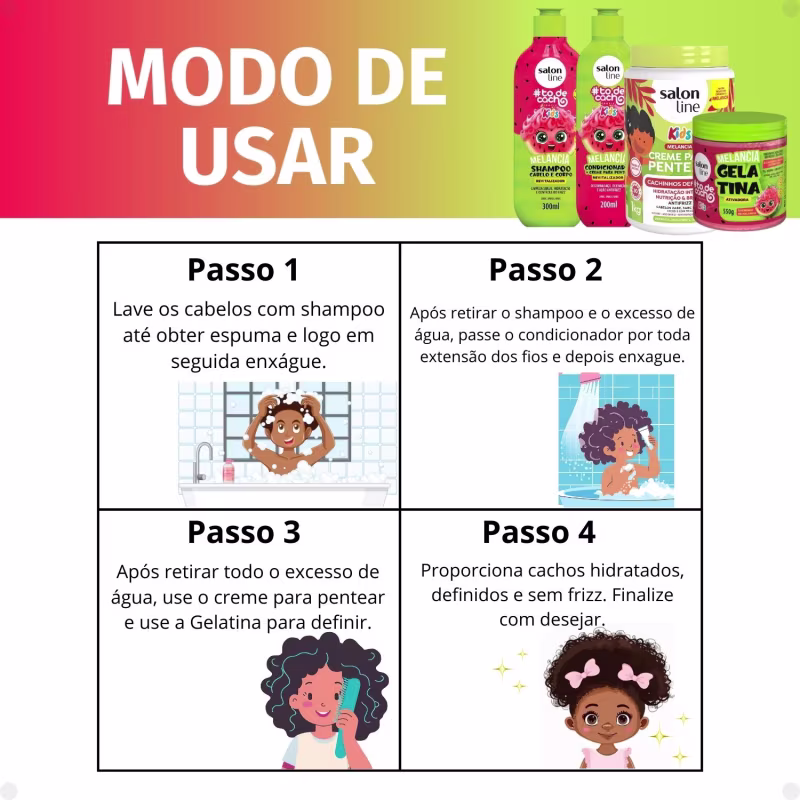 Kit Salon Line Kids: Shampoo e Condicionador + Creme para Pentear 1kg e Gelatina Melancia