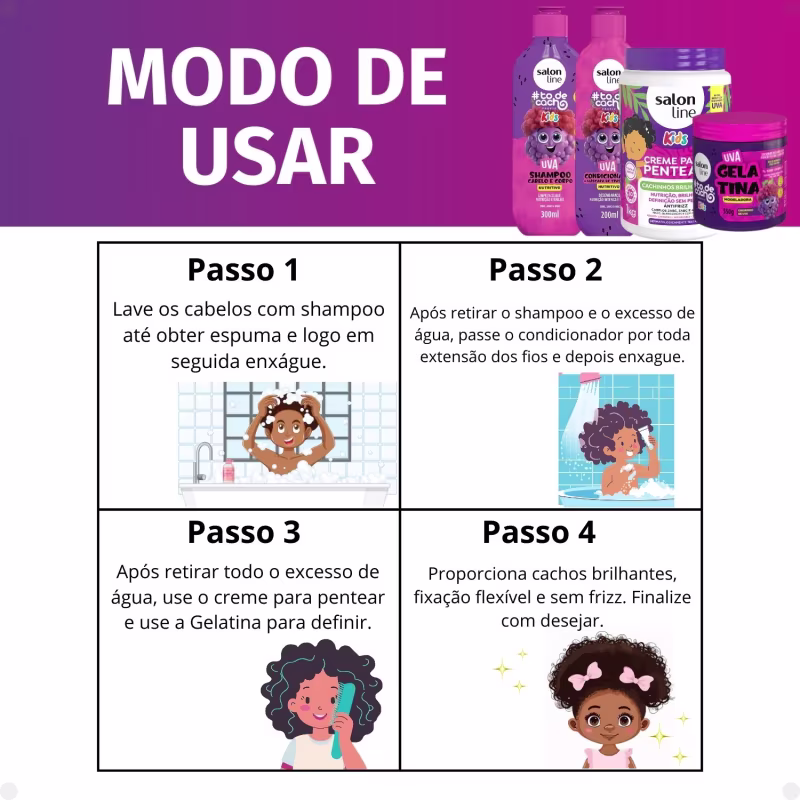 Kit Salon Line Kids: Shampoo e Condicionador + Creme para Pentear 1kg e Gelatina Modeladora Uva