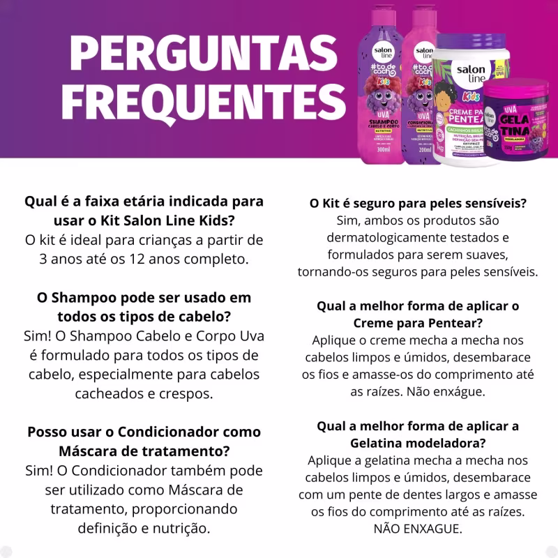 Kit Salon Line Kids: Shampoo e Condicionador + Creme para Pentear 1kg e Gelatina Modeladora Uva