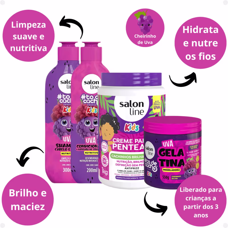 Kit Salon Line Kids: Shampoo e Condicionador + Creme para Pentear 1kg e Gelatina Modeladora Uva