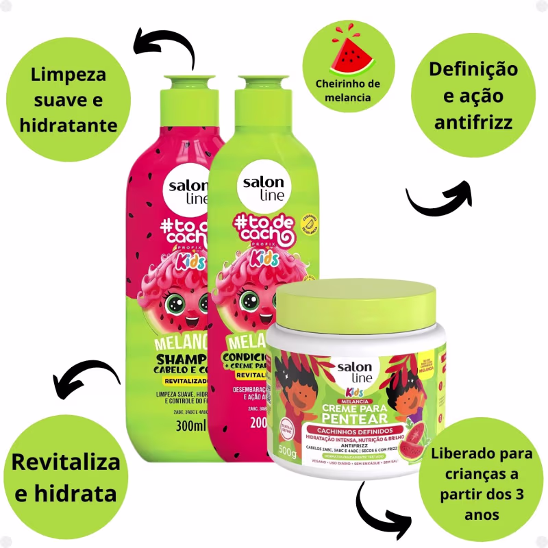 Kit Salon Line Kids: Shampoo e Condicionador + Creme para Pentear 500g Melancia