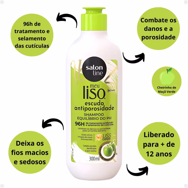 Texto com os benefícios do produto, como combater os danos e a porosidade, proporciona brilho e tratamento profundo das cutículas por 96 horas.