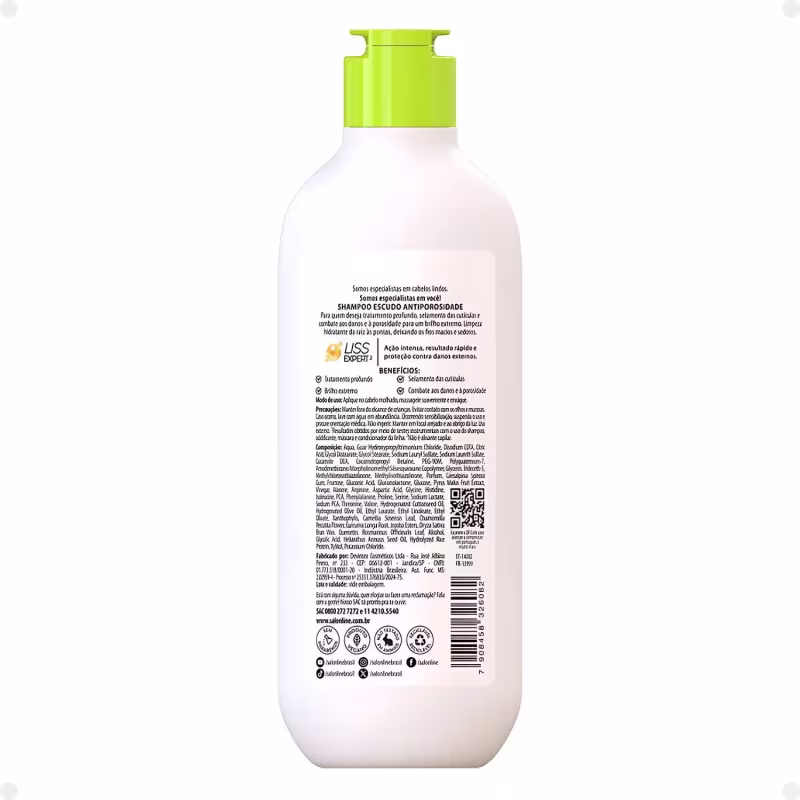 Verso da embalagem com informações sobre o Shampoo Salon Line Meu Liso Escudo Antiporosidade