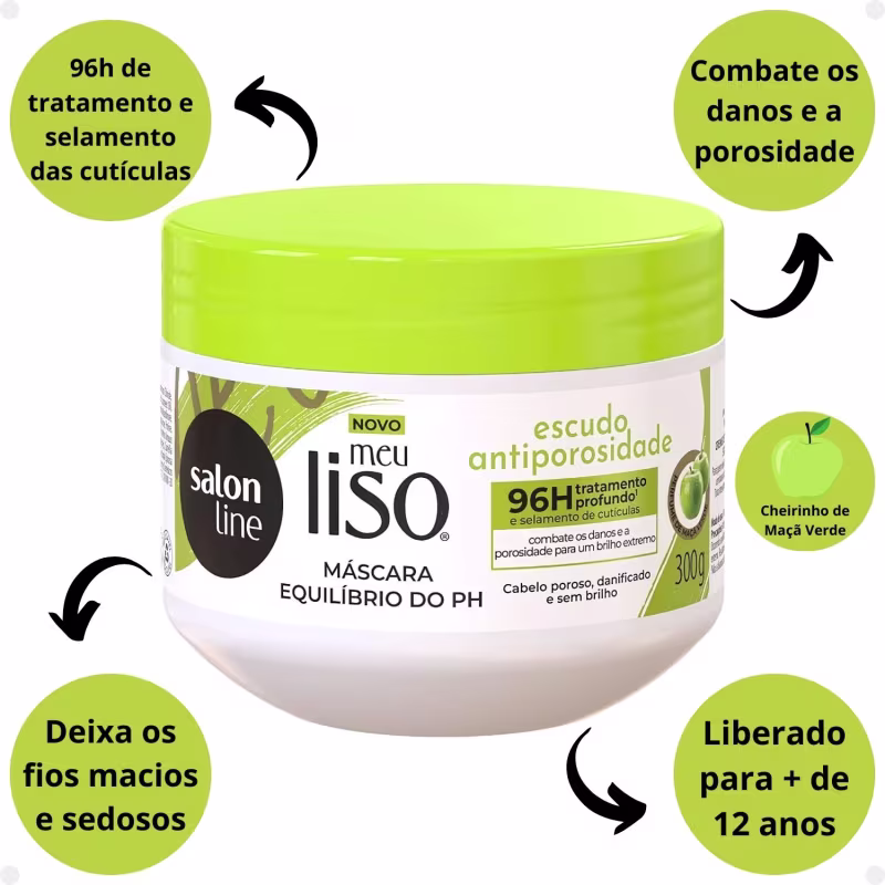 A imagem apresenta texto que destaca características do produto: tratamento profundo de 96 horas para combater os danos e a porosidade, proporcionando um brilho extremo aos cabelos.