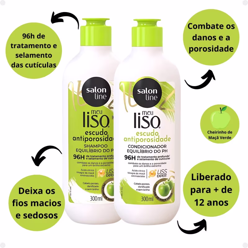 Texto destaca que o kit combate os danos e a porosidade, proporcionando um brilho extremo aos cabelos, tratamento dura 96 horas, deixando os fios macios e sedosos.