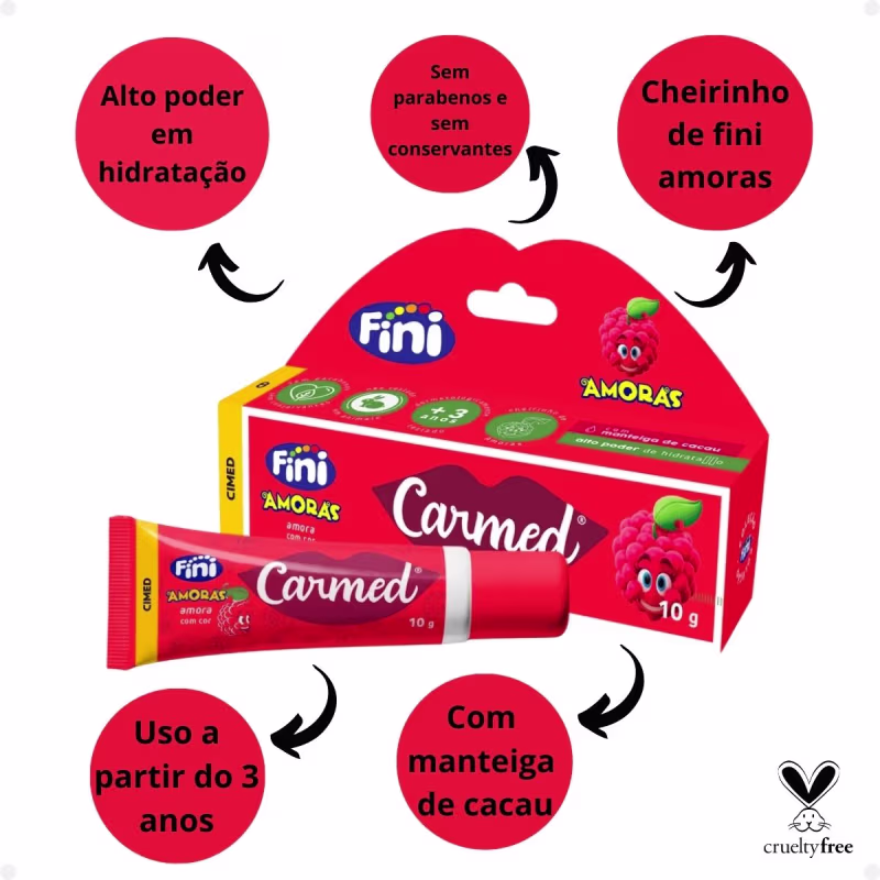 O texto destaca que o produto é "sem parabenos e sem conservantes" e menciona que é adequado para uso a partir dos 3 anos de idade. Também há informações sobre a composição do produto, indicando que contém manteiga de cacau.