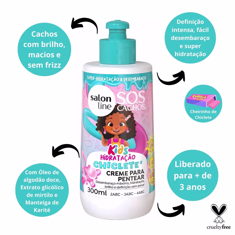 O texto destaca os benefícios do produto, como definição intensa, super hidratação, fácil desembaraço e brilho nos cachos, sem frizz.