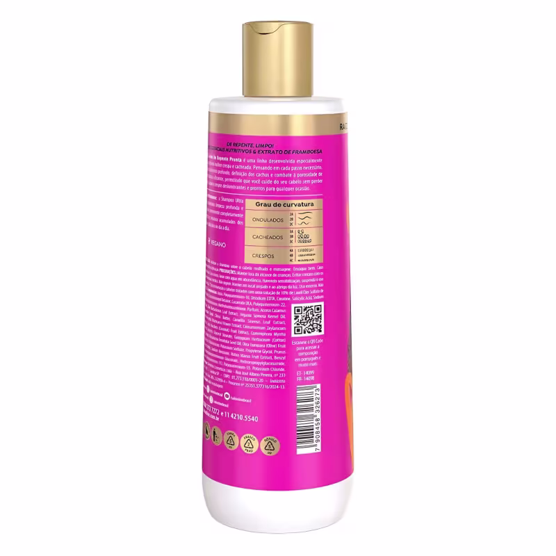 Verso da embalagem com informações gerais, modo de uso, benefícios e ingredientes do produto