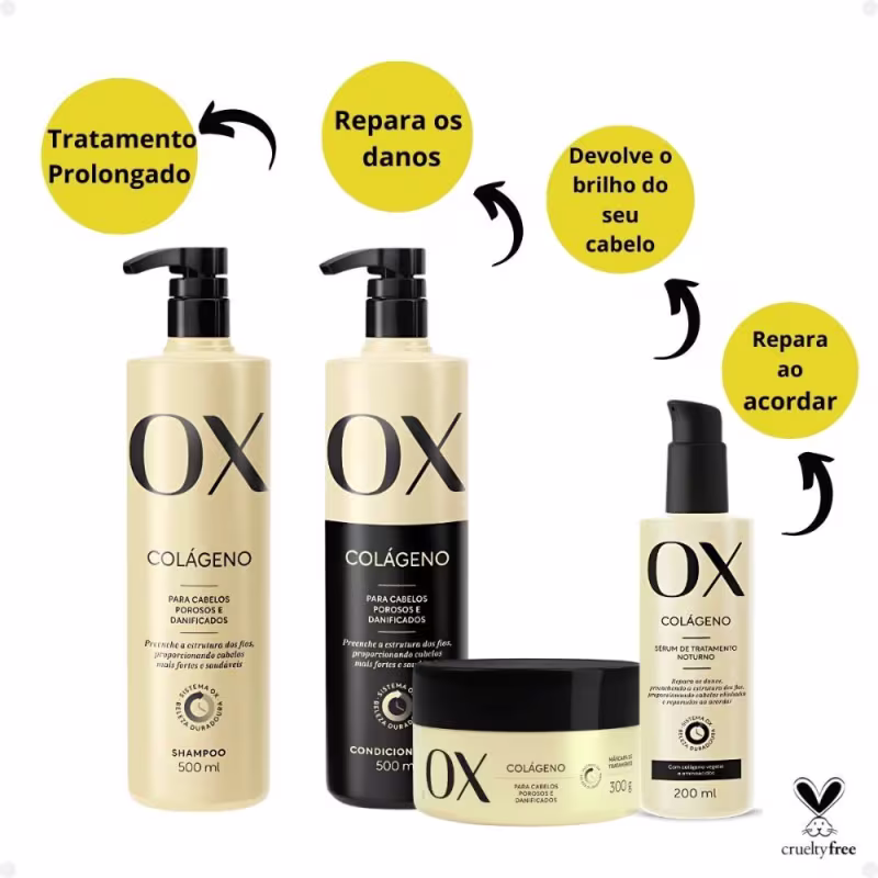 Kit Ox Colágeno: Shampoo, Condicionador 500ml, Máscara e Sérum Tratamento Noturno