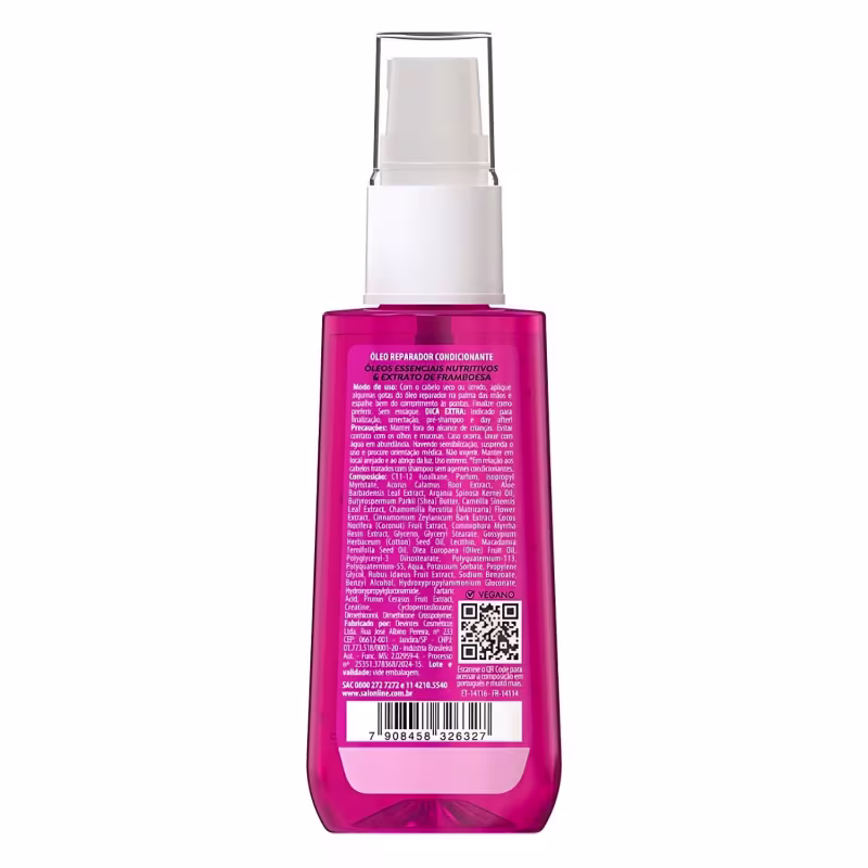 Verso da embalagem com informações gerais, modo de uso, benefícios e ingredientes do produto