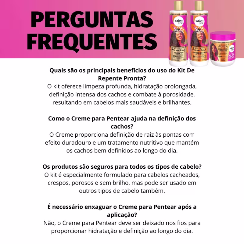 Texto com perguntas frequentes sobre os produtos do kit, destacando que esses produtos são indicados para cabelos cacheados, crespos, porosos e sem brilho, além de informações sobre a composição e benefícios dos produtos.