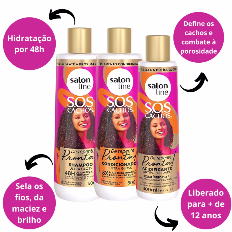 O texto destaca os principais benefícios dos produtos, como hidratação por 48h, sela os fios, dá maciez e brilho, define os cachos e combate a porosidade.