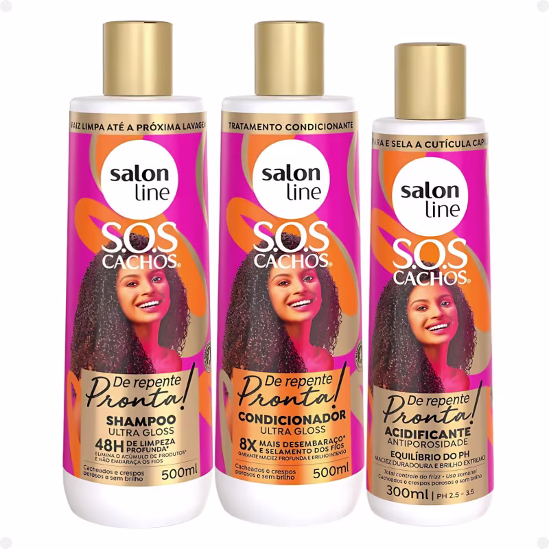 Kit Salon Line Sos Cachos de Repente Pronta! com Shampoo 500ml, Condicionador 500ml e Acidificante 300ml