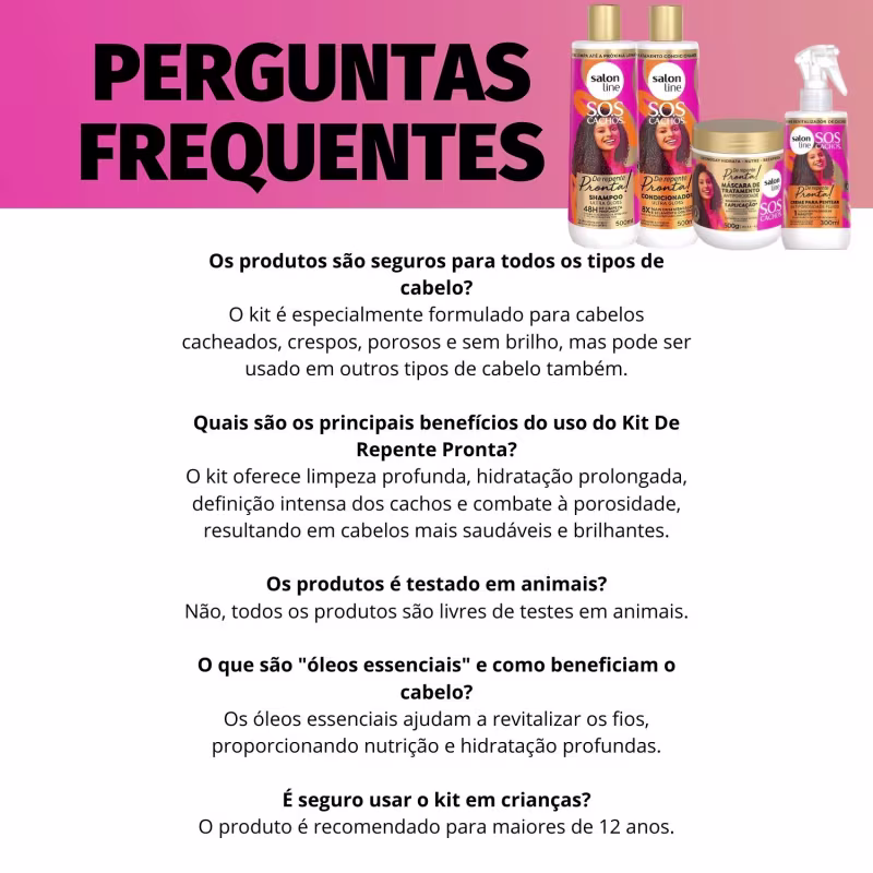Texto com perguntas frequentes sobre os produtos do kit, destacando que esses produtos são indicados para cabelos cacheados, crespos, porosos e sem brilho, além de informações sobre a composição e benefícios dos produtos.