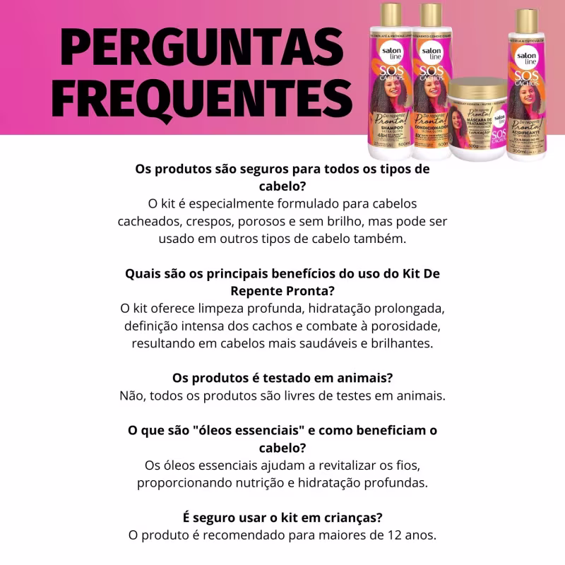 Texto com perguntas frequentes sobre os produtos do kit, destacando que esses produtos são indicados para cabelos cacheados, crespos, porosos e sem brilho, além de informações sobre a composição e benefícios dos produtos.