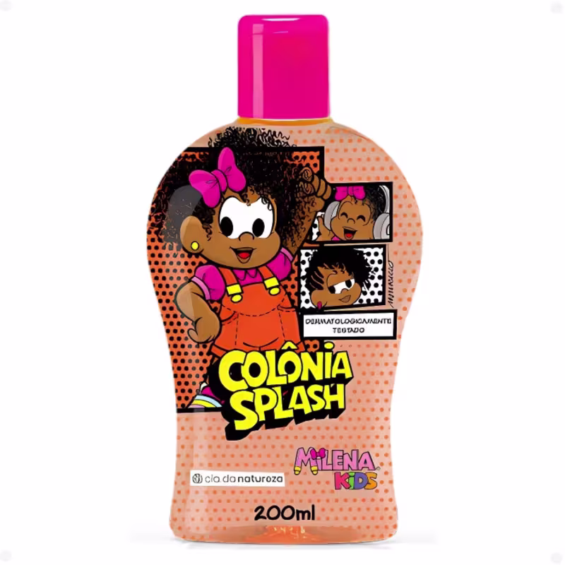 Frasco de colônia infantil Milena Kids, com design colorido e ilustrações de uma menina. Embalagem em tons de laranja e rosa, com destaque para o nome "Colonia Splash" e informações sobre o produto.
