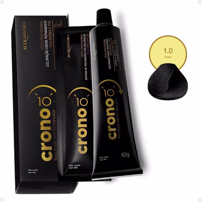 A imagem mostra a caixa da coloração Acquaflora Crono 10 minutos e amostra da cor 1.0 Preto