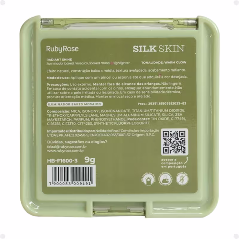 Verso da embalagem do Iluminador Ruby Rose Silk Skin Radiant Shine 9g