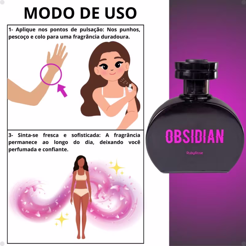 A imagem mostra um texto com o modo de uso: aplique nos pontos de pulsação: punhos, pescoço e colo para uma fragrância duradoura.
