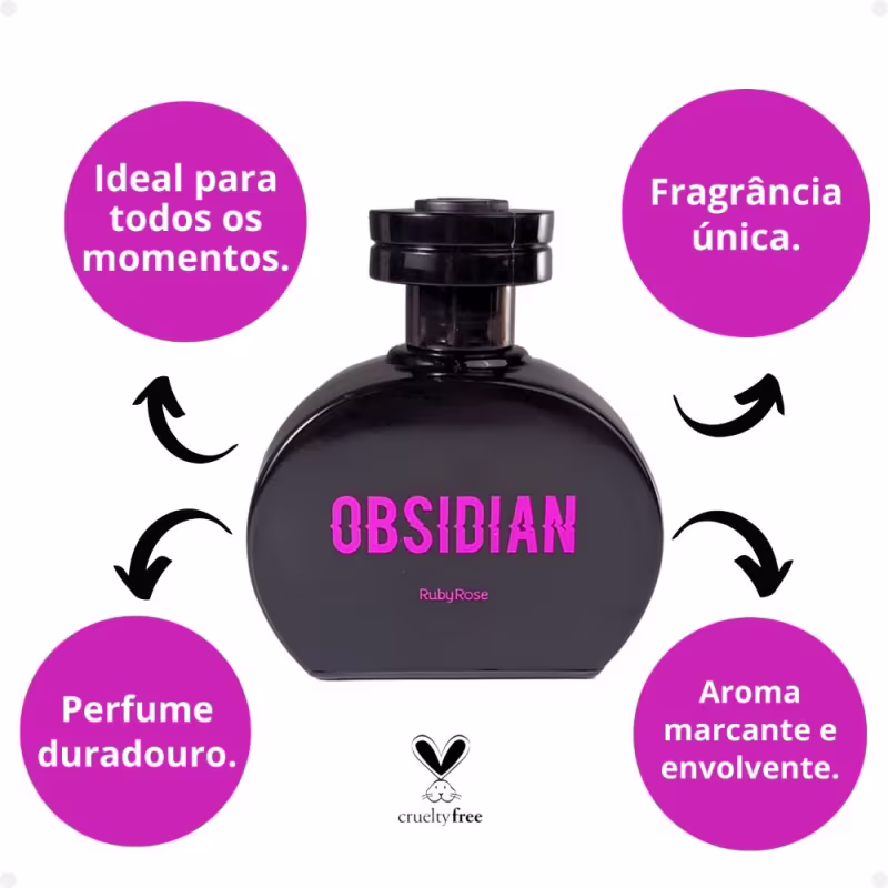 O produto apresentado é um perfume da marca Ruby Rose chamado Obsidian. Texto ao lado:  "Fragrância única" e que o perfume é "Ideal para todos os momentos".  "Aroma marcante e envolvente" e "Perfume duradouro".