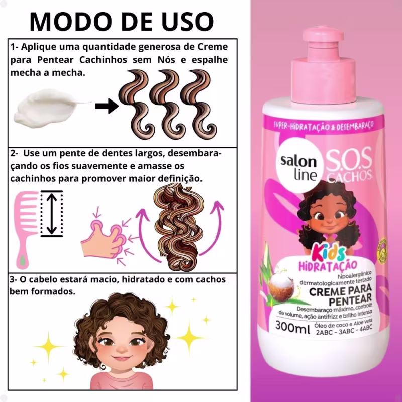 Kit Salon Line SOS Cachos Kids: Shampoo 300ml e Condicionador 200ml + Creme Para Pentear Hidratação 300ml