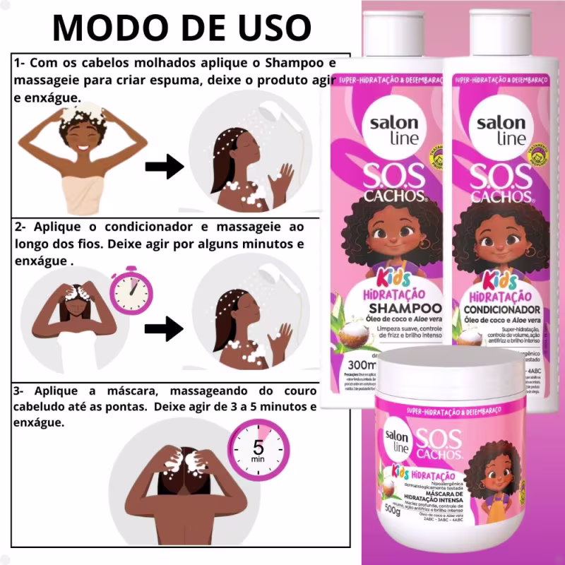 Kit Salon Line SOS Cachos Kids: Shampoo e Condicionador + Creme para Pentear, Ativador de Cachos e Máscara de Hidratação Intensa Hidratação