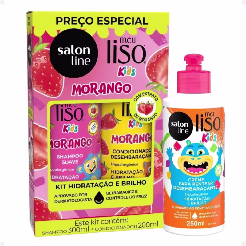 Kit Salon Line Meu Liso Kids: Shampoo 300ml e Condicionador 200ml Morango + Creme para Pentear 250ml