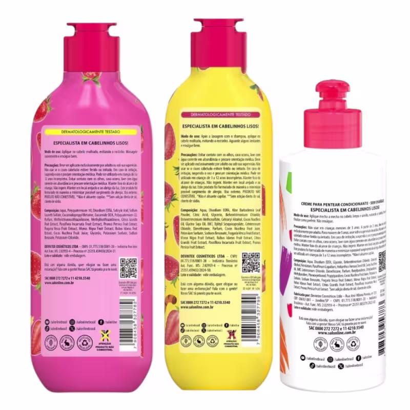 Kit Salon Line Meu Liso Kids: Shampoo 300ml e Condicionador 200ml Morango + Creme para Pentear 250ml