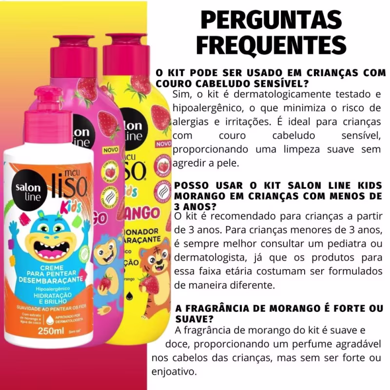 Kit Salon Line Meu Liso Kids: Shampoo 300ml e Condicionador 200ml Morango + Creme para Pentear 250ml