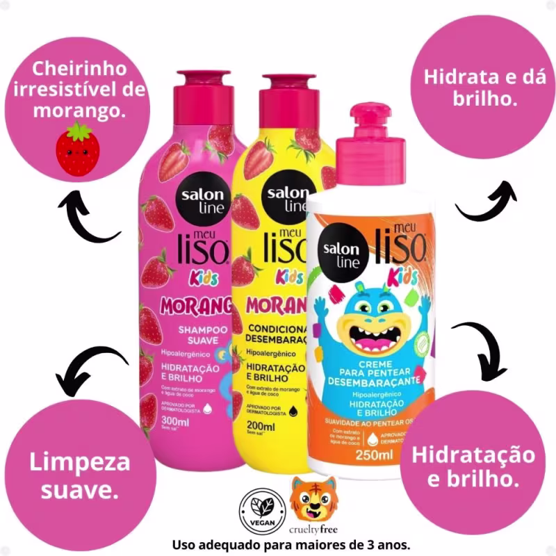 Kit Salon Line Meu Liso Kids: Shampoo 300ml e Condicionador 200ml Morango + Creme para Pentear 250ml