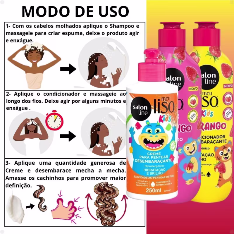 Kit Salon Line Meu Liso Kids: Shampoo 300ml e Condicionador 200ml Morango + Creme para Pentear 250ml