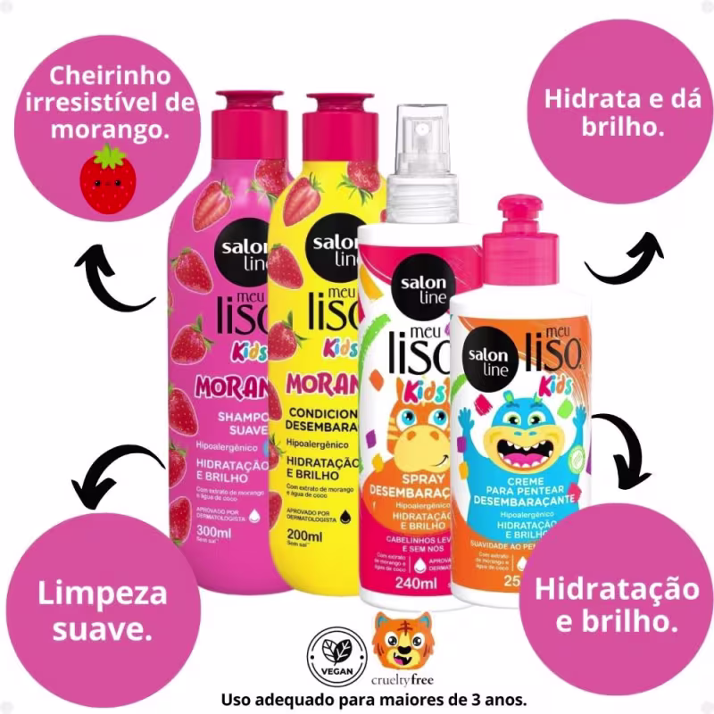 Kit Salon Line Meu Liso Kids: Shampoo 300ml e Condicionador 200ml Morango + Creme para Pentear 250ml e Spray Desembaraçante 240ml