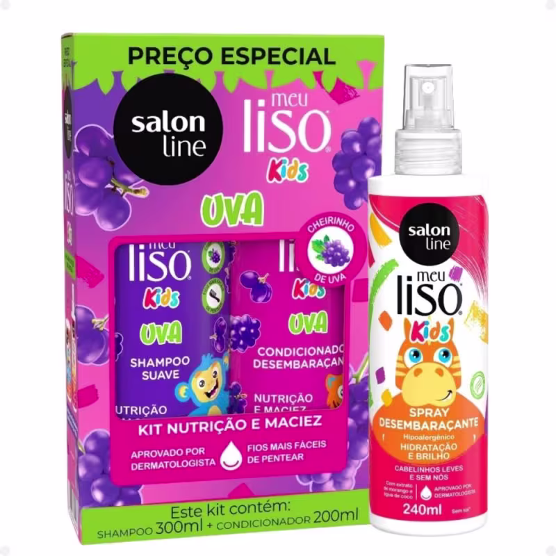Kit Salon Line Meu Liso Kids: Shampoo 300ml e Condicionador 200ml Uva + Spray Desembaraçante 250ml