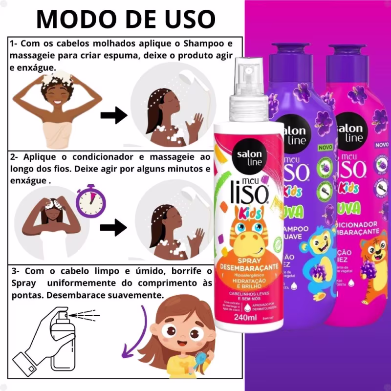 Kit Salon Line Meu Liso Kids: Shampoo 300ml e Condicionador 200ml Uva + Creme para Pentear 250ml e Spray Desembaraçante 240ml